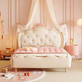 Pink and white wooden princess kids bed with modern cream style design